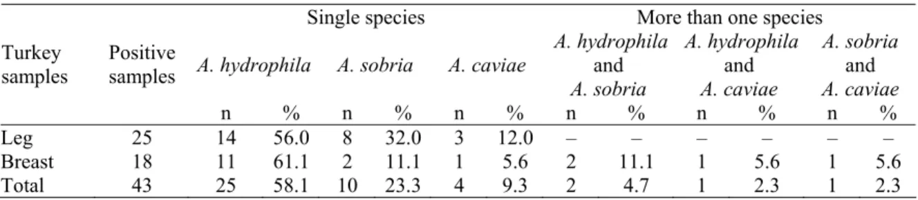 Table 2. Motile Aeromonas spp. rates isolated from turkey meat  samples. 