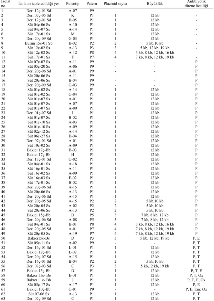 Tablo 1. S. aureus izolatlarının, antibiyotik direnç özellikleri, plazmid profilleri ve pulsotipleri  Table 1