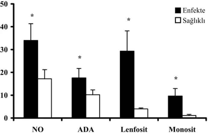 Şekil 1. Enfekte (n=40) ve sağlıklı (n=20) koyunlarda serum  NO (µmol/), ADA (U/L), lenfosit (x10 3 /µL) ve monosit 