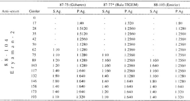 Tablo 3: Ankara'nın çeşili köylerinden elde edilen Theileria aııııulala izolatlarına ait şizont ve piroplazın antijenlerı ile