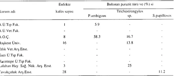 Tablo 2. Kurumlardaki ıavşan kafeslerinde helmint enfeksıyonlarının yayıiışı Table 2. The prevalence of helıninth infections in rabbit cages in dıfferent insliıııtions