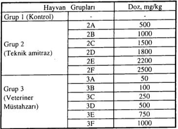 Tablo I. Hayvan grupları ve amitraz çözeltilerinin dozları. Table I. Animal group s and doses of amitraz solutions.
