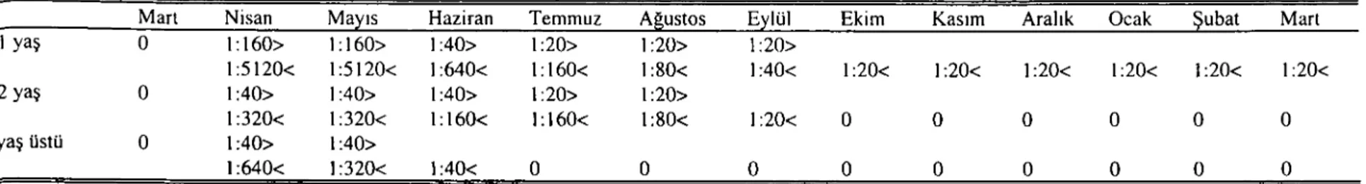 Tablo 8. Tropikal theileriosis'e karşı aşılanmış hayvanlarda, lFA testi ile tespit edilen en yüksek ve en düşük T.annu/ata piroplasm antikor titrelerinin aylara göre dağılımı Table 8