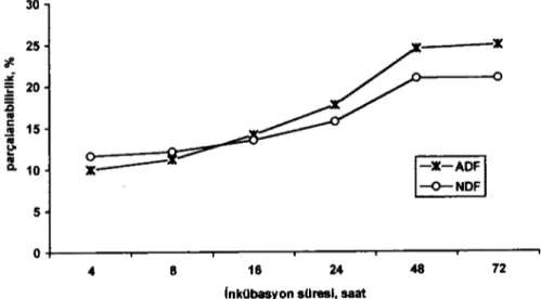 Şekil 2. Fındık içi kabuğunun rumende ADF ve NDF parçalanabilirlik eğrileri Figure 2. The rumen ADF and NDF degradability curves ofhazelnut skin