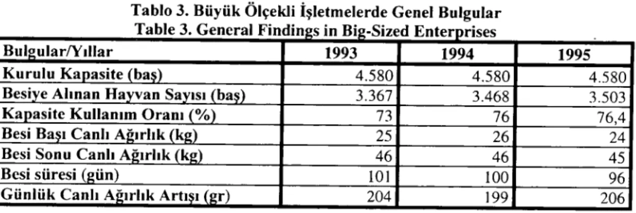 Tablo 3. Büyük Ölçekli İşletmelerde Genel Bulgular Table 3. General Findin s in Bi -Sized Enter rises