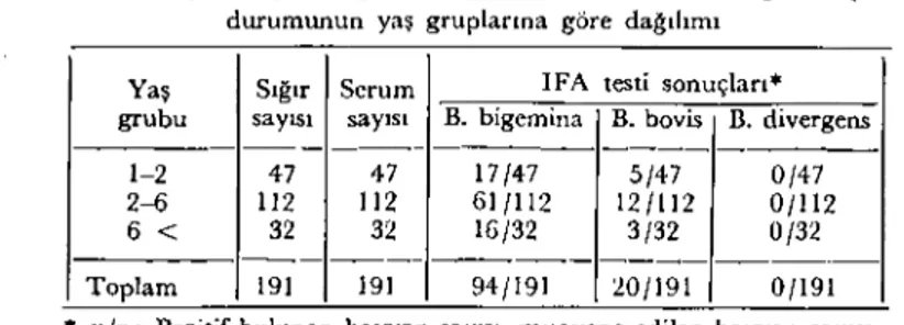 Tablo 4. Serolojik bulgulara göre sığırlarda B. bigemina, B. bovis, B. divergens ile pozitiflik