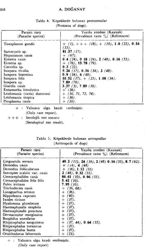 Tablo 4. Köpeklerde bulunan protozoonlar (Protozoa of dogs). -----P~~azit türü (Parasite species) Toxoplasma gondii Sarcocystis sp