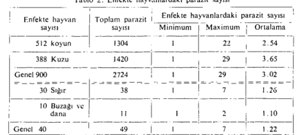 Tablo 2: Enfekte hayvanlardaki parazit sayısı