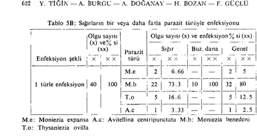 Tablo 5B: Sığırların bir veya daha fazla parazit türüyle enfeksiyonu