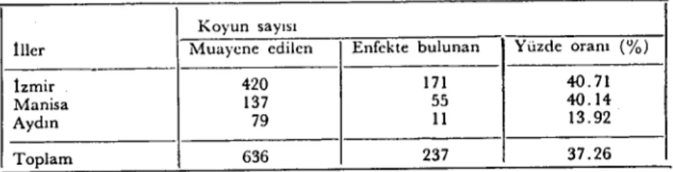 Tablo - 1: İzmir, Manisa ve Aydın İllerinde muayene edilen ve enfekte bulunan koyunların illere göre dağılımı