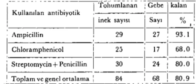 Tablo 2. Ayııı boğaların ampicillin, chrloramphenicol ve streptomyein + penicillin katıl- katıl-mış spermalarıyla tohumlanan ineklerden elde edilen toplam ve genel ortalama gebelik 