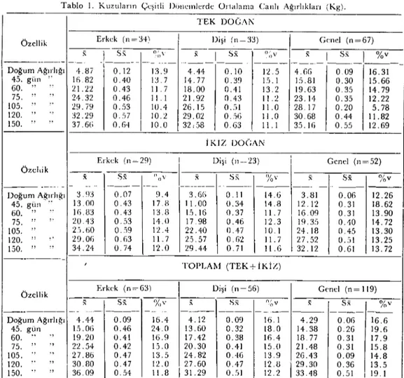 Tablo ı. Kuzuların Çeşitli DiJilemlerde Ortalama Canlı Ağırlıkları (Kg).