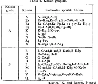 Tablo 2. Kolisin grupları.