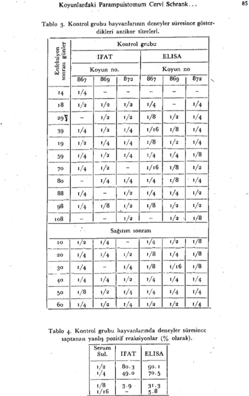 Tablo 3. Kontrol grubu hayvanlarınındeneyler süresincegöster- süresincegöster-dikleriantikor titrcleri