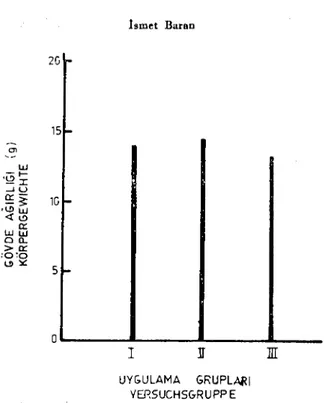 Grafik 3: Agustos 1.978 tarihinde gruplar arasında gövde ağırlığı artışı dağılımları. Tabelle 3: Körpergewichte der verschiedenen Versuchsgruppen im AUguil 1978.