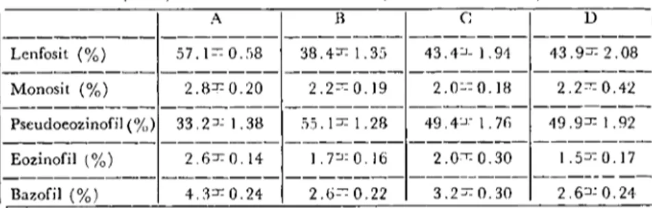 TABLO 2. Ultraviyolc ışııılamasına tabi tutulmuş tavukların akyuvar tipleri yüzde oranları ortalamaları (X =-, standart hata)