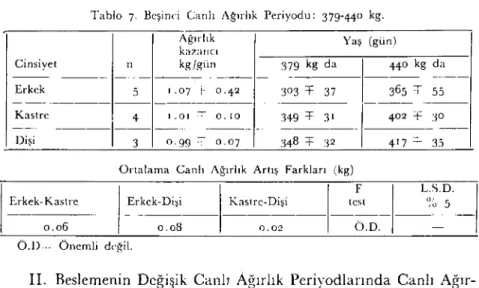 Tablo 7. Beşinci Canlı Ağırlık Periyodu: 379-44° kg.