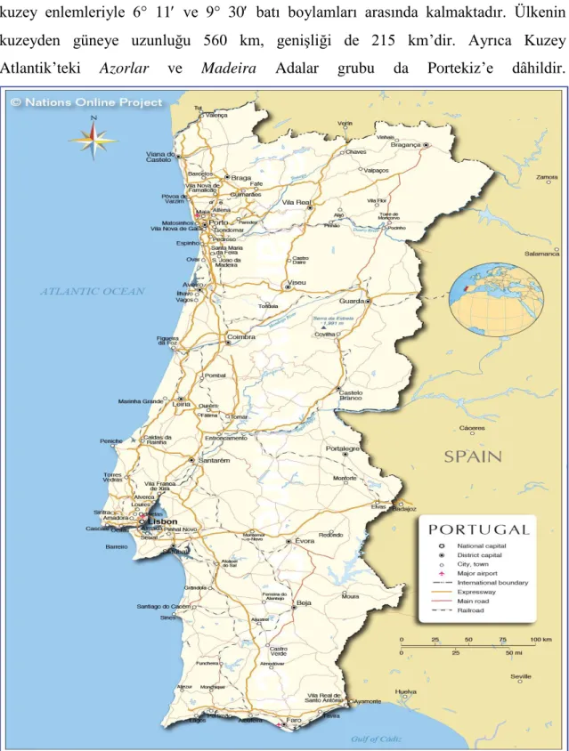 Şekil 1.1. Portekiz Siyasi Haritası. Kaynak: Nations Online Project/Portugal. 
