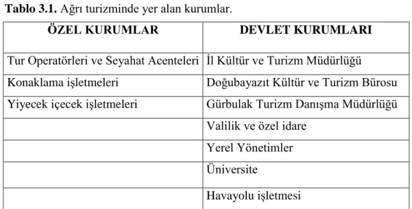 Tablo 3.1. Ağrı turizminde yer alan kurumlar. 