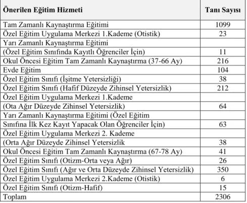 Tablo 1.1. Ağrı RAM Tarafından Önerilen Özel Eğitim Türleri. 