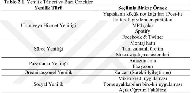 Tablo 2.1. Yenilik Türleri ve Bazı Örnekler 