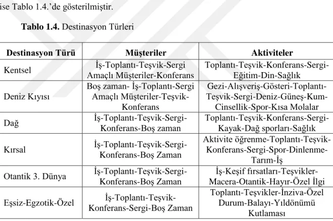 Tablo 1.4. Destinasyon Türleri 