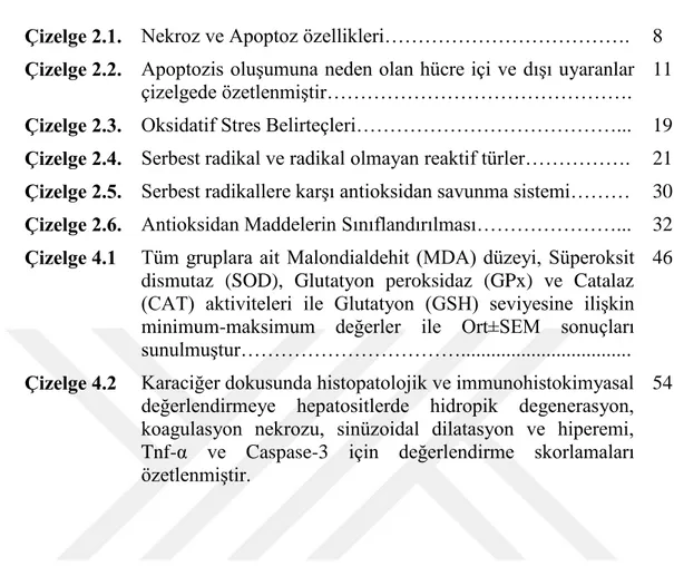 Çizelge 2.1.  Nekroz ve Apoptoz özellikleri……………………………….  8  Çizelge 2.2.  Apoptozis oluşumuna neden olan hücre içi ve dışı uyaranlar 