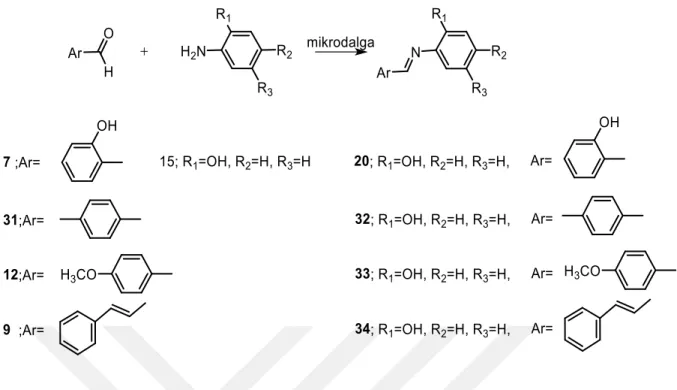 Şekil 2.2.Mikrodalga yöntemi ile çeşitli imin sentezleri. 