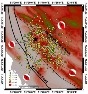 Figure 2. Epicentral location of Shonbeh earthquake sequence                   (mainshock (Black star) and aftershocks) occurred                   during the period of April 9–December 31, 2013