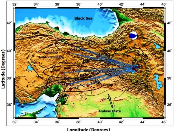 Figure  1.  The  regional  map  of  Eastern  Anatolia.  The  map  shows  locations  of  stations  for  each  group  (circles)  and  episantr of the events (stars) used for the Rayleigh wave group velocity analysis