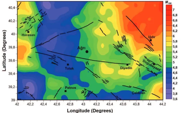 Figure 6.  The spatial distribution of M 100  values (expected maximum earthquake in the next 100 years) computed from Gutenberg- Gutenberg-Richter relationships for the earthquakes occurred in around Ağrı