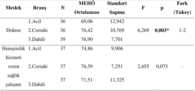 Tablo 4: Meslek gruplarının branş bazında MEHÖ ortalama puanları ile ilişkisi 