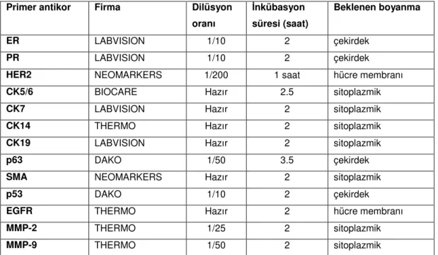 Tablo 9. İmmünhistokimyasal inceleme için kullanılan antikorlara ait bilgiler 