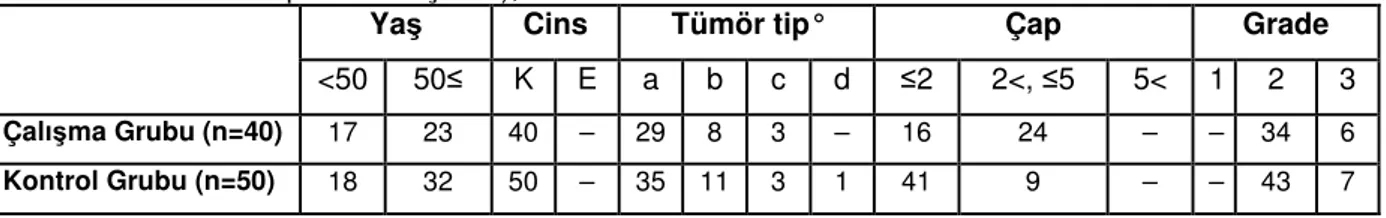 Tablo 10. Hastaların yaş, cinsiyet, tümör tipi, çapı ve histopatolojik derecelerine göre 