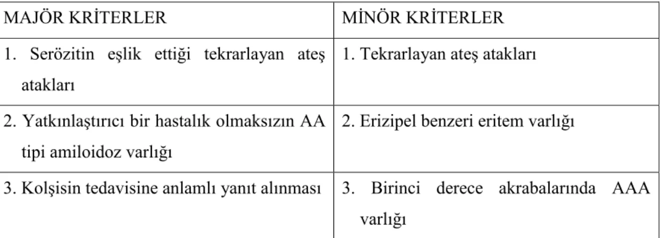 Tablo 2.3. AAA‟da Tel Hashomer Tanı Kriterleri (105) 