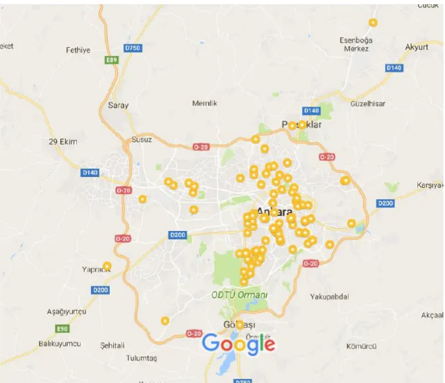 Şekil 4.1. Ev işçilerinin ikametlerinin Google-harita üzerinde dağılımı  4.2. Eş ile İlgili Bilgiler 
