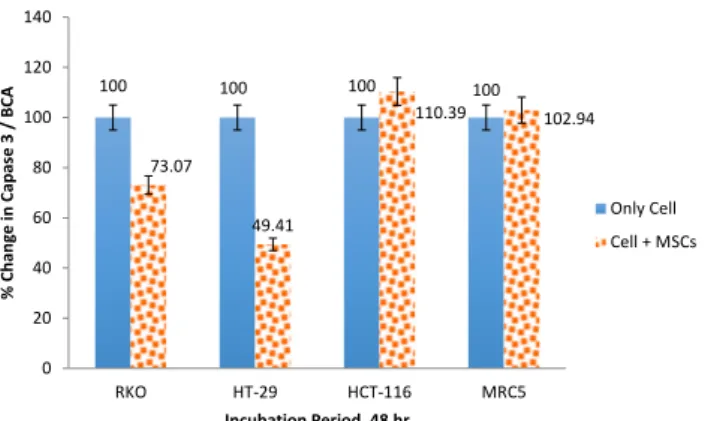 Figure 2. Change in Capase 3 (%) in colon cancer cell lines HT-29,  HCT-116, RKO and healthy cell line MRC5