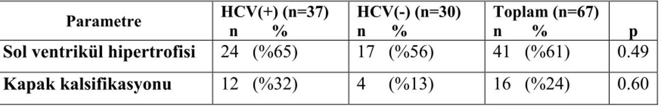 Tablo 4.4. HCV(+) ve (-) gruplar arasındaki ekokardiyografik bulguların karşılaştırılması 