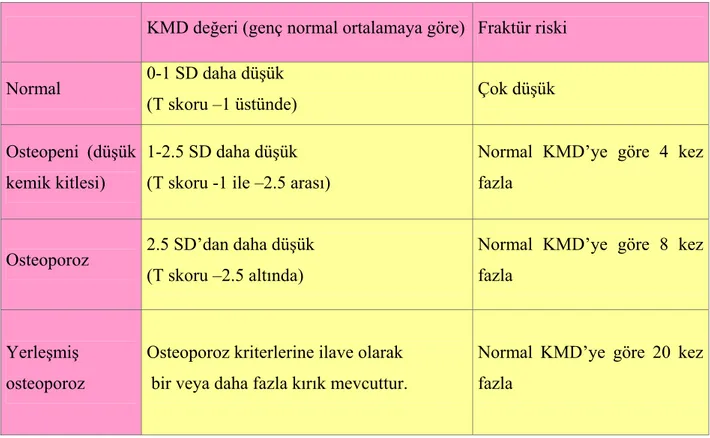 Tablo 2.1 : KMD ölçümüne göre osteoporoz sınıflandırması (WHO) (21) 