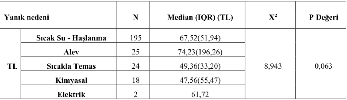 Tablo 14: Yanık nedenine göre maliyet analizi 