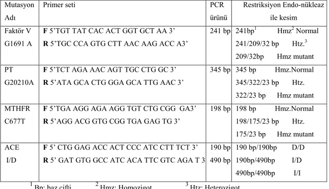 Tablo 3.1: Mutasyonu kapsayan primerler ve elde edilecek PCR ürünleri 