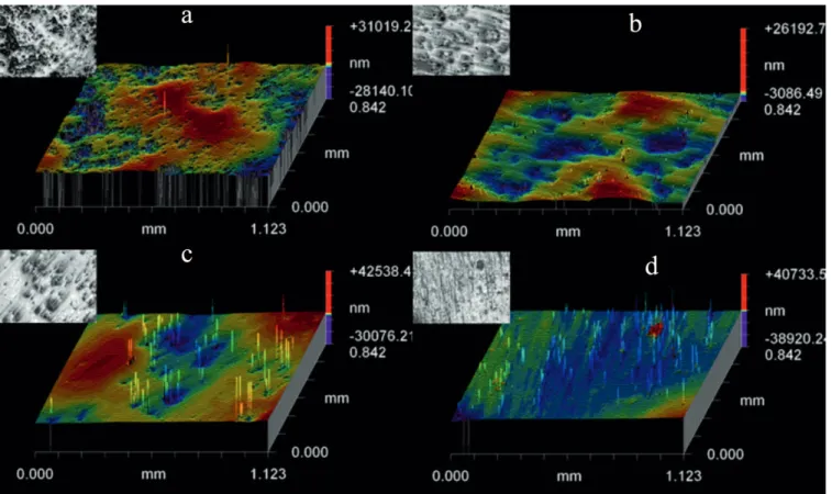 Figure 3. Three-dimensional oblique surface plots (interferograms) of a representative specimen from the feldspathic porcelain group conditioned with (a) Al 2 O 3 , (b) diamond bur, (c) Cojet, (d) HF acid