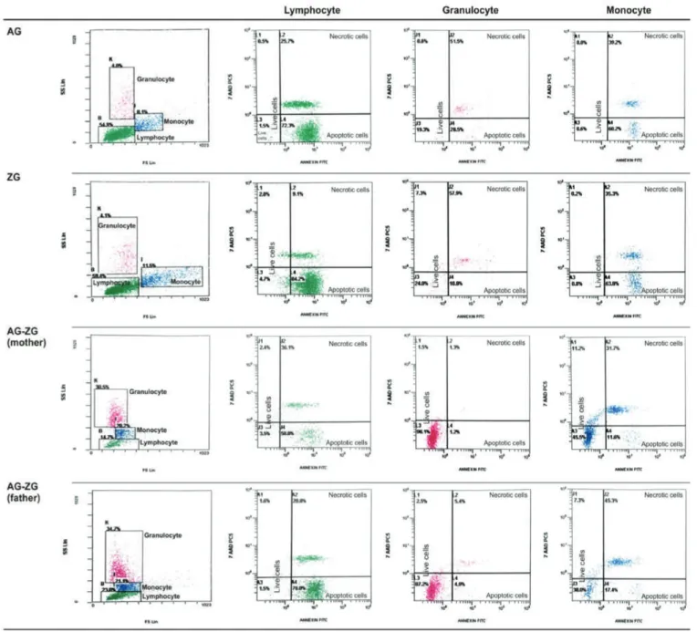 Figure 2. Continued. FACS gating and flow cytometric graphics of annexin and PI/7-AAD of lymphocytes, monocytes, and granulocytes 