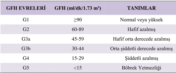 Tablo 2.1.: 2012 yılı KDIGO'ya göre kronik böbrek hastalığında GFH sınıflandırması 