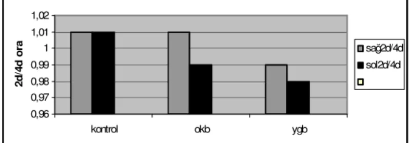 Şekil I. Kontrol, OKB ve YGB grupları arasında sağ ve sol 2D/4D oranı 