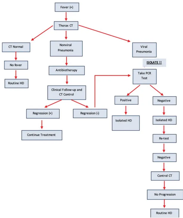 Figure 1. Management algorithm for HD patients with fever and/or dyspnea. CT: computerized tomography; HD: hemodialysis.
