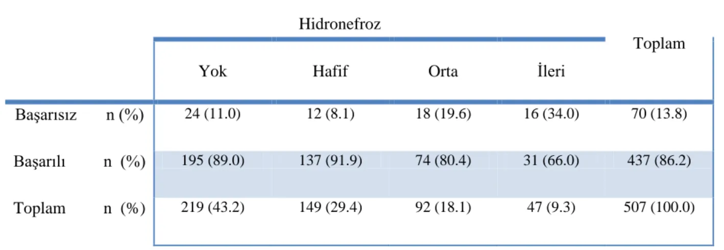 Tablo 3.7: Hidronefroz derecesine göre dağılımı ve başarı oranları  Hidronefroz 