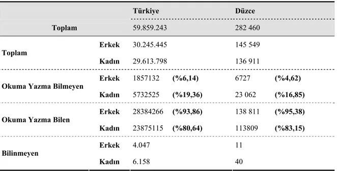 Tablo 2: Cinsiyete göre okuma – yazma durumu, Türkiye Düzce