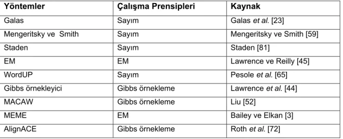 Çizelge 2.1’de şu ana kadar gerçekleştirilmiş motif bulma araçlarının geliştirilme  zamanına göre kronolojik gösterimi verilmiştir