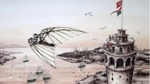 Figure 1.1     An illustration of Hazerfen Ahmet Çelebi flying over Bosporus [1]  Helicopter’s history is shorter than fixed wing aircraft’s history